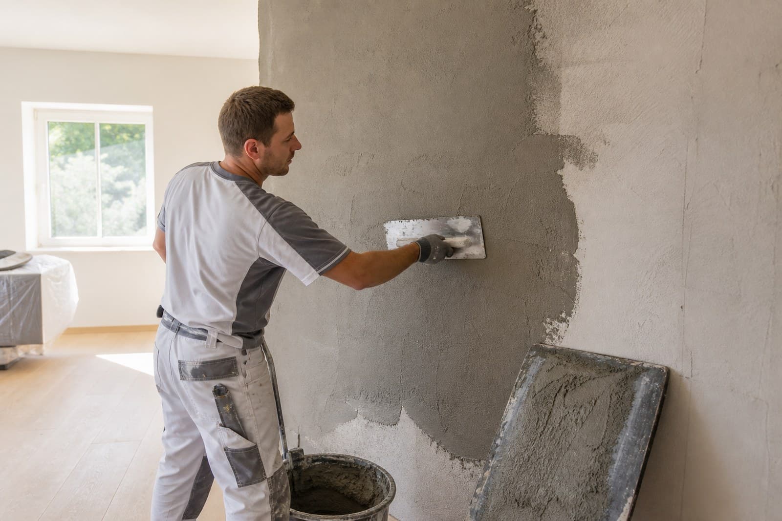 Frischer Putz wird mit der Glättkelle auf eine Innenwand aufgezogen