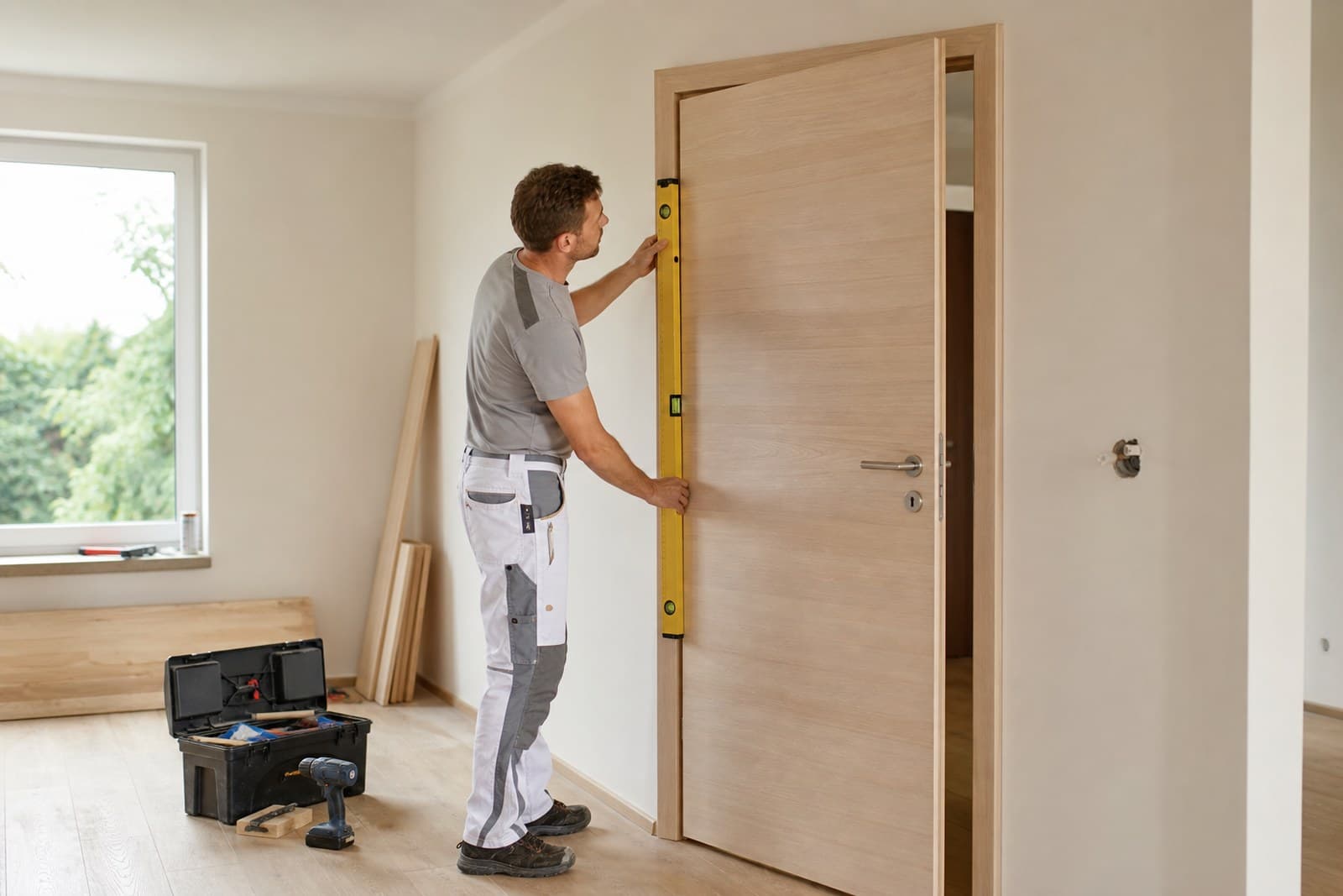 Neue Innentür wird in der Zarge ausgerichtet